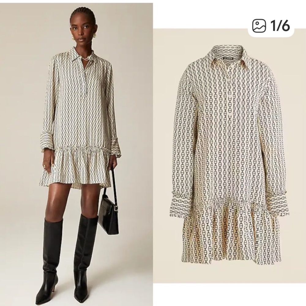 J. Crew Long Sleeve Patterned Dress in Cream and Black